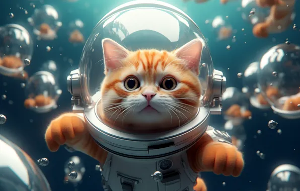 Cat, cat, look, glass, space, flight, pose, bubbles