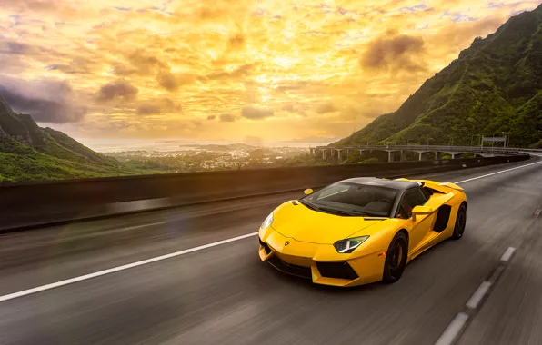 Picture Lamborghini, Light, Speed, Front, Yellow, LP700-4, Aventador, Road, Supercar, Spoiler