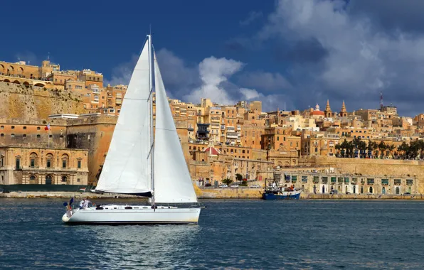 Sea, the city, photo, home, sailboat, yacht, Malta