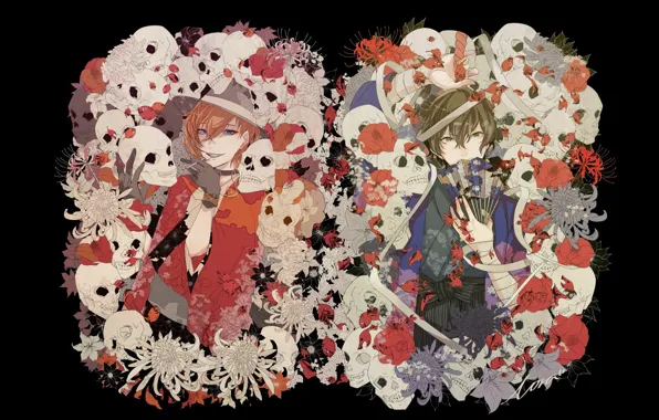 Skull, guys, two, Bungou Stray Dogs, Stray Dogs: A Literary Genius, Nakahara Chuuya, Dazai Osamu