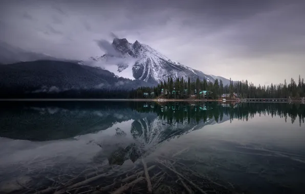 Winter, forest, clouds, snow, mountains, bridge, lake, reflection