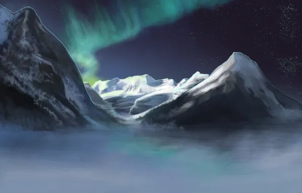 Winter, snow, mountains, figure, art, Polar lights, Aurora Borealis, Aurora Australis