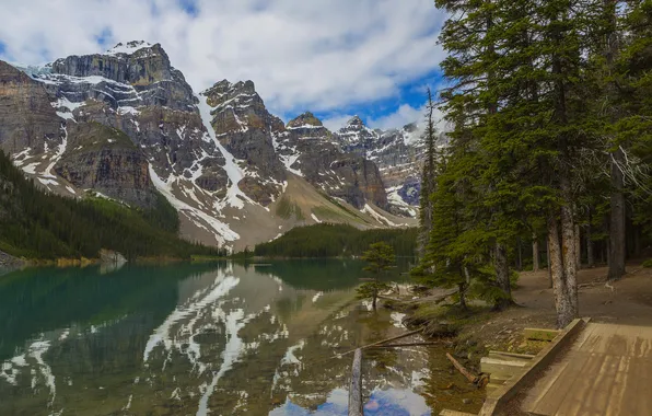 Forest, water, mountains, lake, reflection, Canada, Moraine Lake