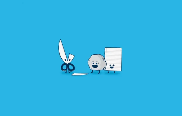 Picture sadness, Minimalism, The game, Paper, Stone, Scissors, failure, blue background