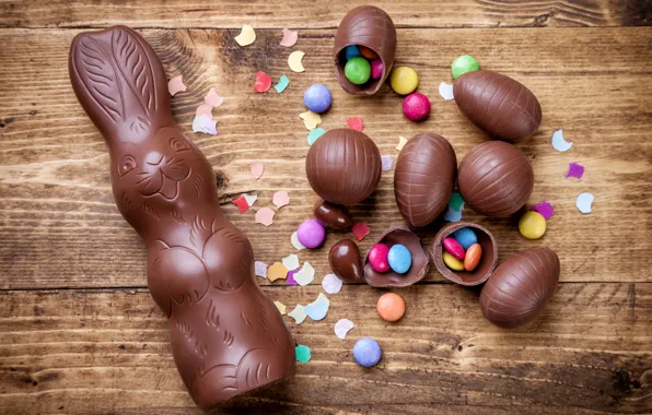 Picture chocolate, eggs, colorful, rabbit, candy, Easter, wood, chocolate
