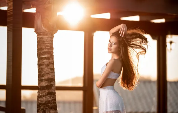 Glass, girl, light, beams, window, in white, flowing hair