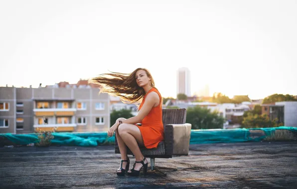 Picture roof, girl, sweetheart, model, home, chair, shoes, brown hair