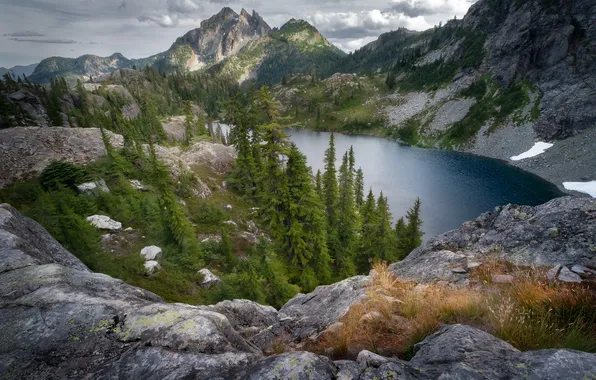 Forest, clouds, mountains, lake, stones, rocks, shore, the slopes