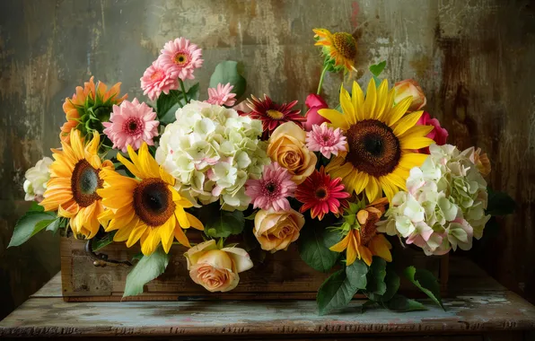 Sunflowers, flowers, bouquet, hydrangea, AI art, neural network