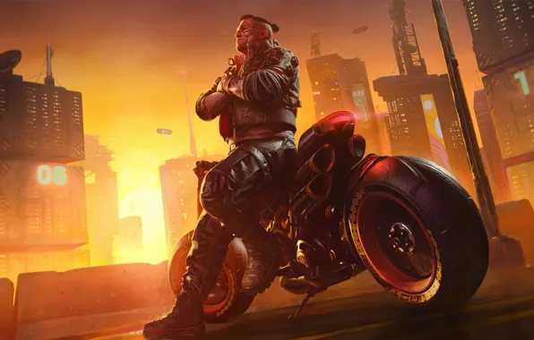 Picture bike, sunset, Cyberpunk 2077, mercenary, Night City, Jackie Wells