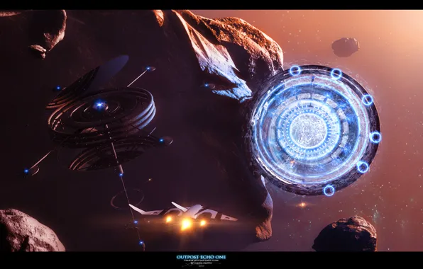 Space, stars, asteroid, Outpost Echo One, Wip Omega Station