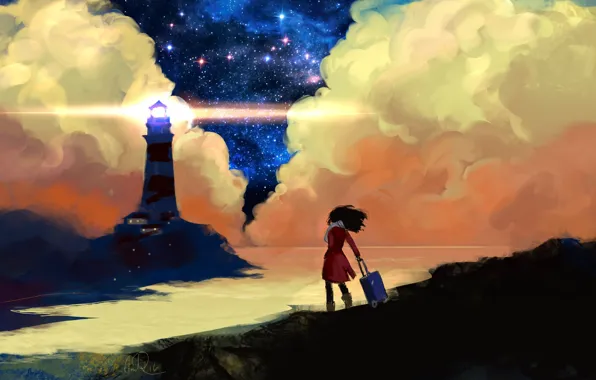 Picture sea, the sky, girl, light, clouds, the wind, lighthouse, suitcase