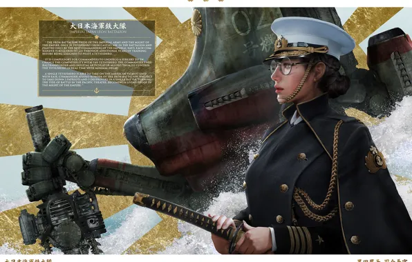Picture katana, Japan, flag, glasses, cap, badge, military uniform, combat robot