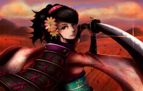 Girl, clouds, decoration, katana, armor