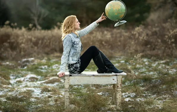 Picture girl, table, globe