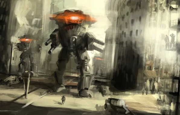 Picture the city, weapons, background, people, fiction, Wallpaper, figure, robots
