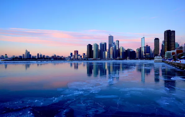 Winter, the city, river, ice, skyscrapers, the evening, Chicago, Illinois