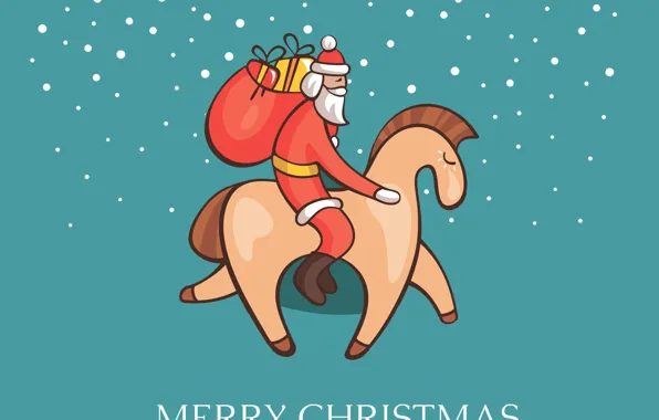 Snow, new year, Christmas, gifts, Santa Claus, horse