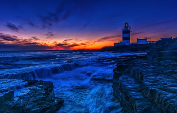 Sea, sunset, coast, lighthouse, Ireland, Ireland, Celtic Sea, County Wexford