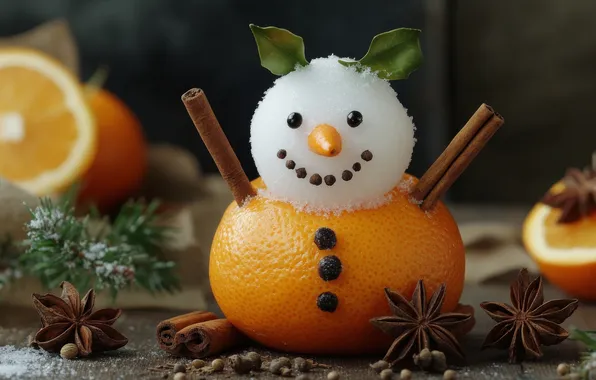 Table, orange, Christmas, New year, snowman, cinnamon, needles, figure