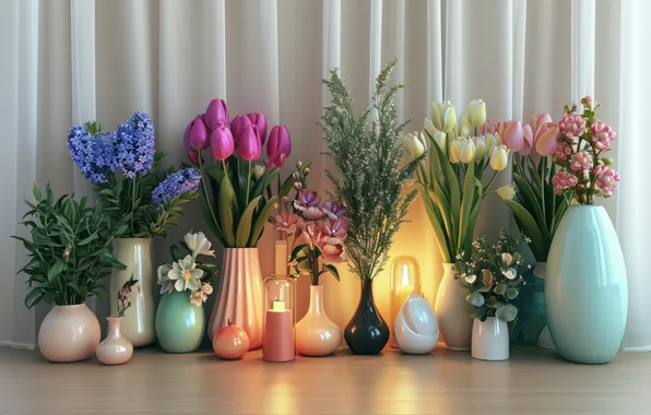 Flowers, holiday, bouquet, spring, tulips, March 8, vases, bouquets