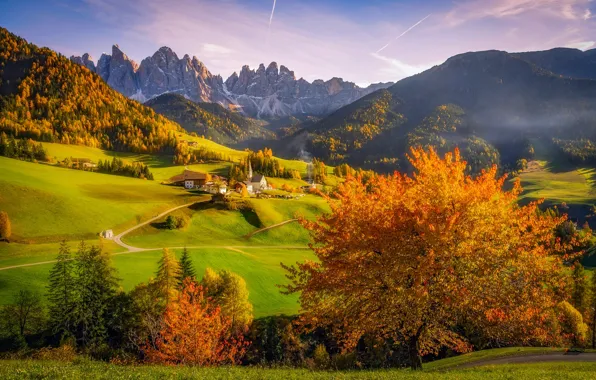 Autumn, trees, mountains, valley, Alps, Italy, Church, village