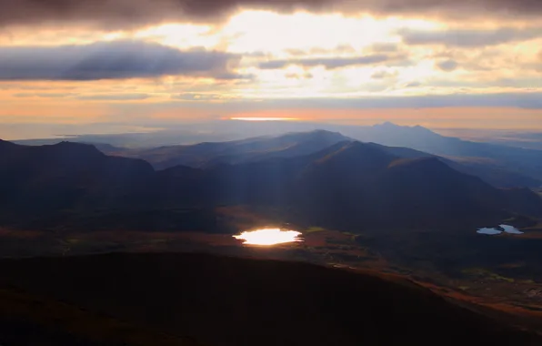 The sky, the sun, clouds, rays, light, landscape, mountains, nature