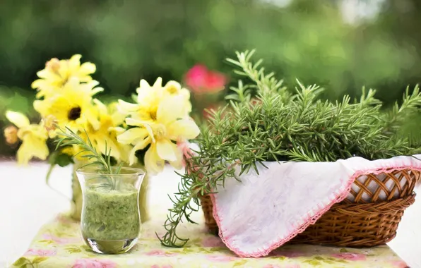 Picture flowers, nature, glass, table, cocktail, grass, basket, rosemary