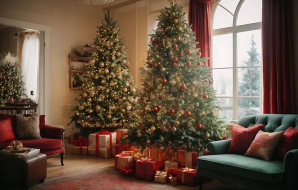 Decoration, room, tree, interior, Christmas, gifts, New year, Christmas