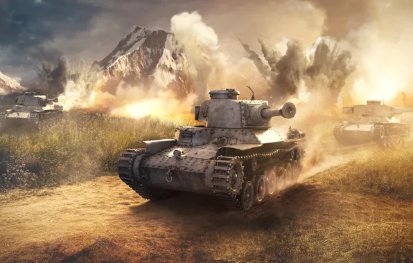 Picture road, mountains, explosions, tanks, War Thunder, Japanese Tank