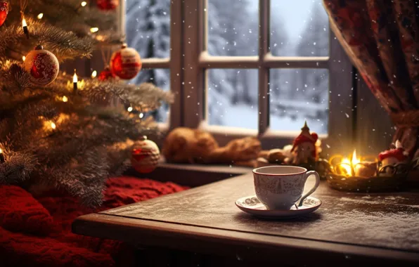 Winter, snow, snowflakes, night, tree, candle, New Year, window