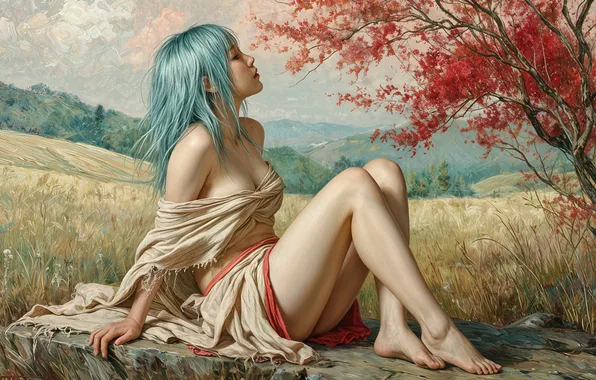 Field, grass, girl, trees, stay, fatigue, barefoot, valley