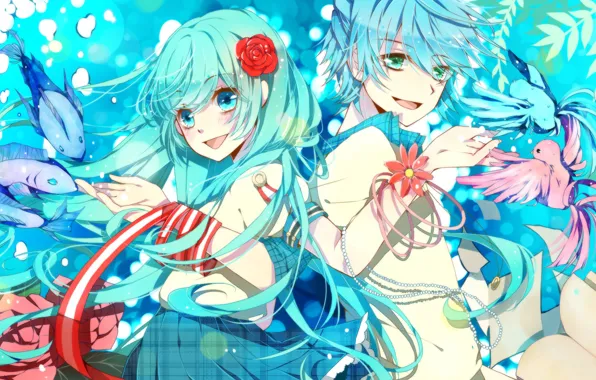 Girl, fish, flowers, birds, art, guy, vocaloid, Vocaloid