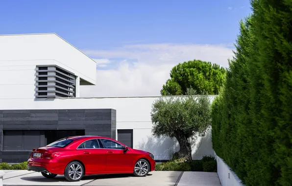 Mercedes-Benz, Red, Auto, Machine, Day, The building, Sedan, Class