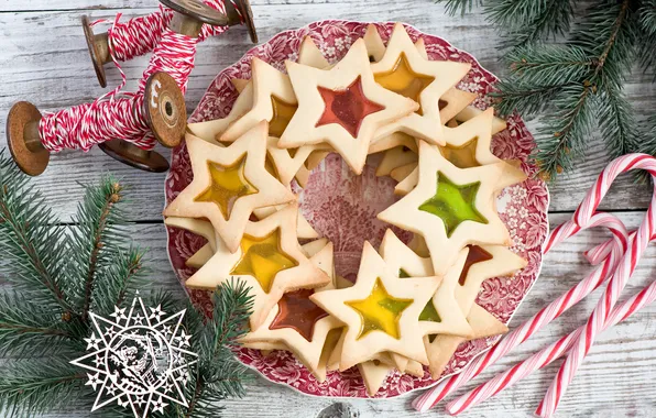 Picture winter, stars, branches, spruce, cookies, plate, candy, sweets