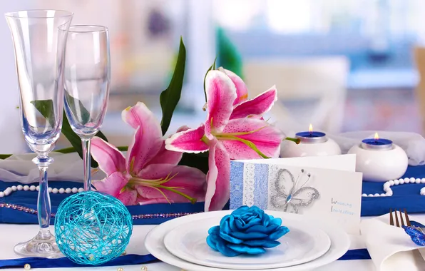 Flowers, Lily, glasses, plates, wedding, flowers, glasses, plates
