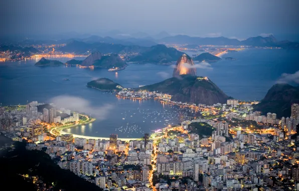 Sea, mountains, lights, coast, building, home, the evening, Brazil