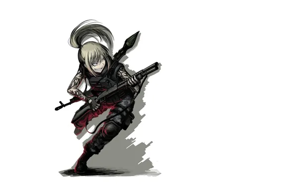Picture chase, machine, girl, tattoo, white background, shotgun, equipment, the vest