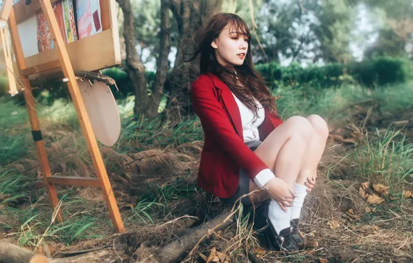 Girl, pose, Asian, molbert