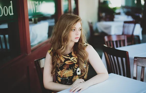 Girl, cafe, waiting, table