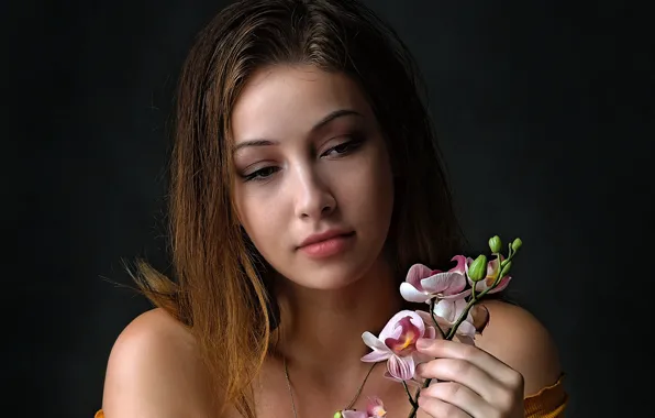 Picture look, girl, flowers, face, brown hair, beautiful, shoulders, Orchid