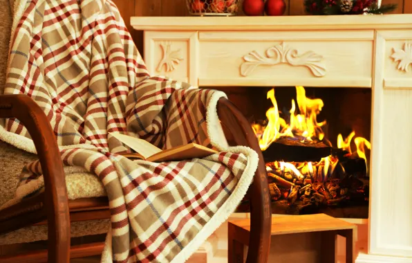 Comfort, interior, chair, fireplace, plaid