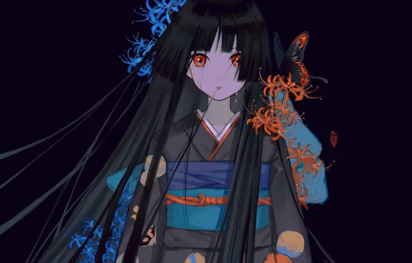 Girl, kimono, Enma Ai, Jigoku Shoujo, butterfly, licorice