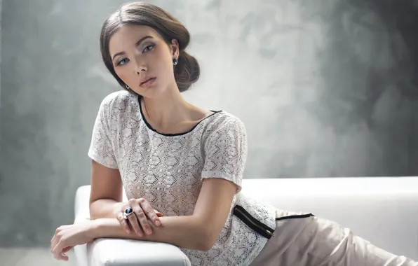 Picture white, girl, pose, sofa, portrait, makeup, hairstyle, blouse