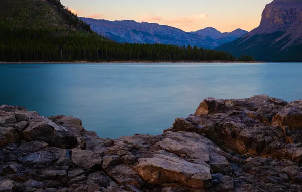 Forest, landscape, mountains, nature, stones, shore, tops, the evening