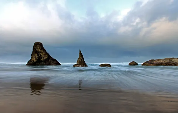 Picture sand, sea, clouds, stones, overcast, rocks