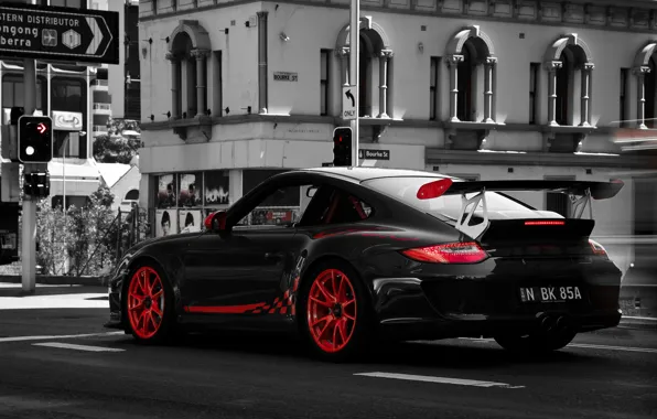 Photo, 997, Porsche, b/W, red, white, details, black