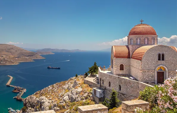 Picture sea, rock, ship, Greece, the monastery, Greece, The Aegean sea, Aegean Sea