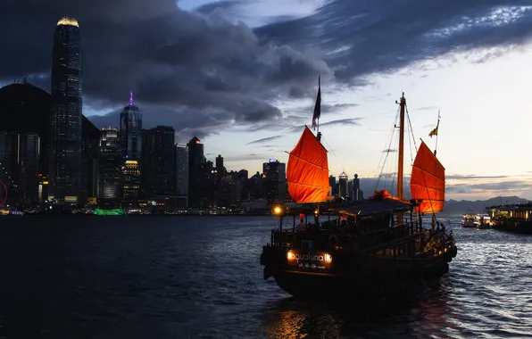 Sea, clouds, the evening, sail, The ship, Sergey Garifullin, Hong Kong Evening