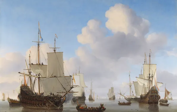 Sea, water, clouds, ships, boats, sails, calm, flags